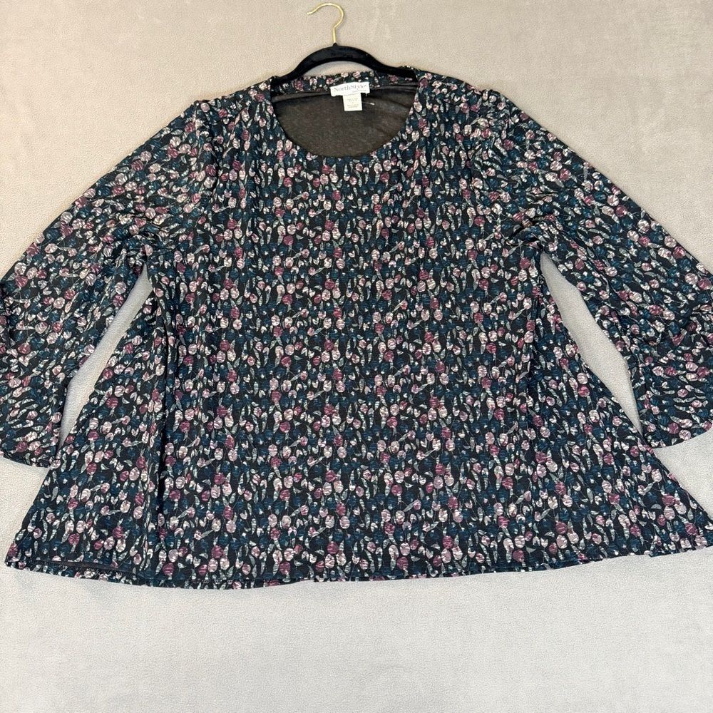 North Style Women's Floral Long Sleeve Top- Flounce Sleeve- 1X- New